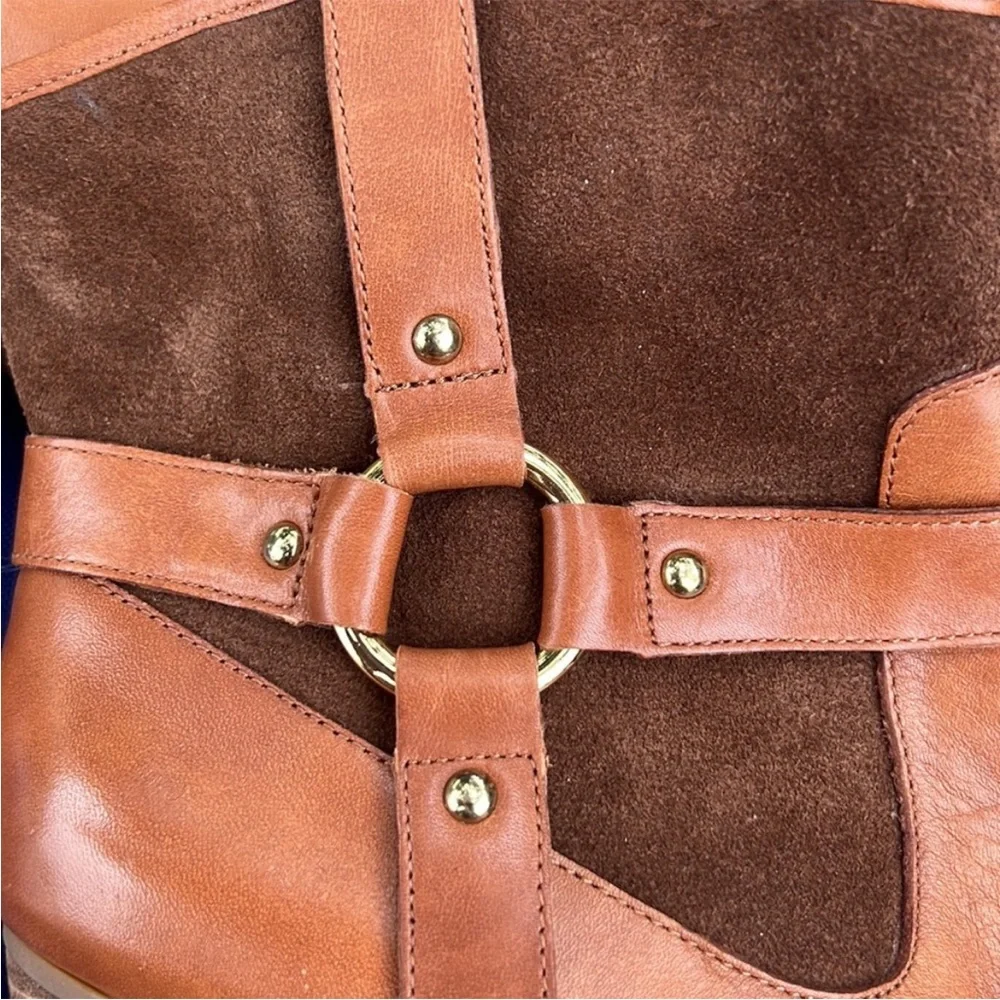 Ralph Lauren Women’s Dylan Tan Leather Brown Suede Gold Ankle Bootie Shoe Size 7